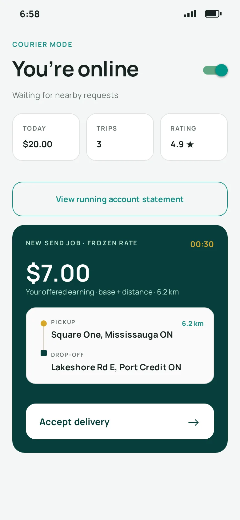 Udug Driver online, showing today's earnings and a new delivery offer from Square One to Port Credit