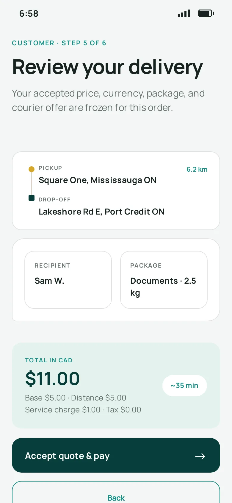 The Udug app showing a delivery's route and full price