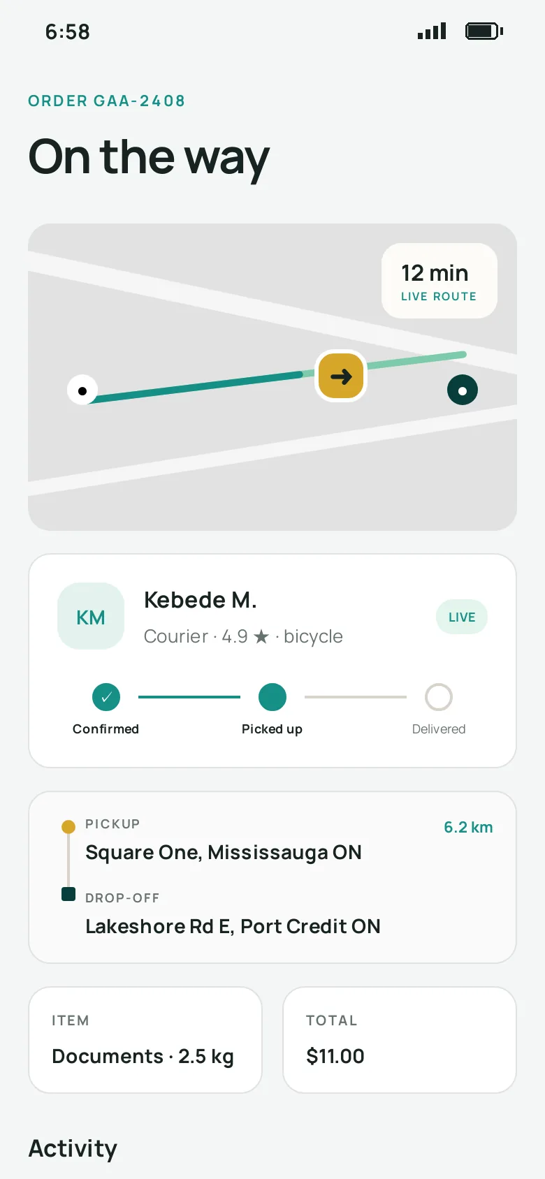 The Udug app following an order on the way from Square One to Port Credit