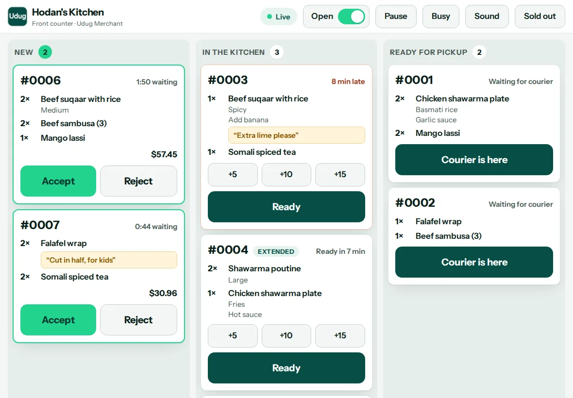 Udug Merchant on an iPad: new orders waiting for Accept or Reject, orders in the kitchen with prep-time buttons, and orders ready for pickup